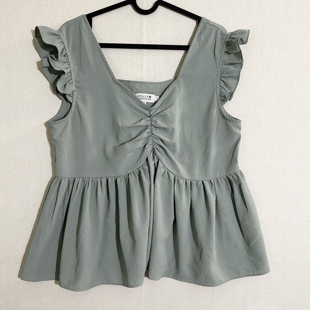 Molly Bracken Women's Sweetheart Flutter Sleeve Denim Top - Green Size Large
